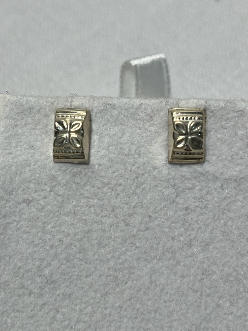 Aarong Sterling Silver Rectangular Stud Earrings Engraved Floral Motif